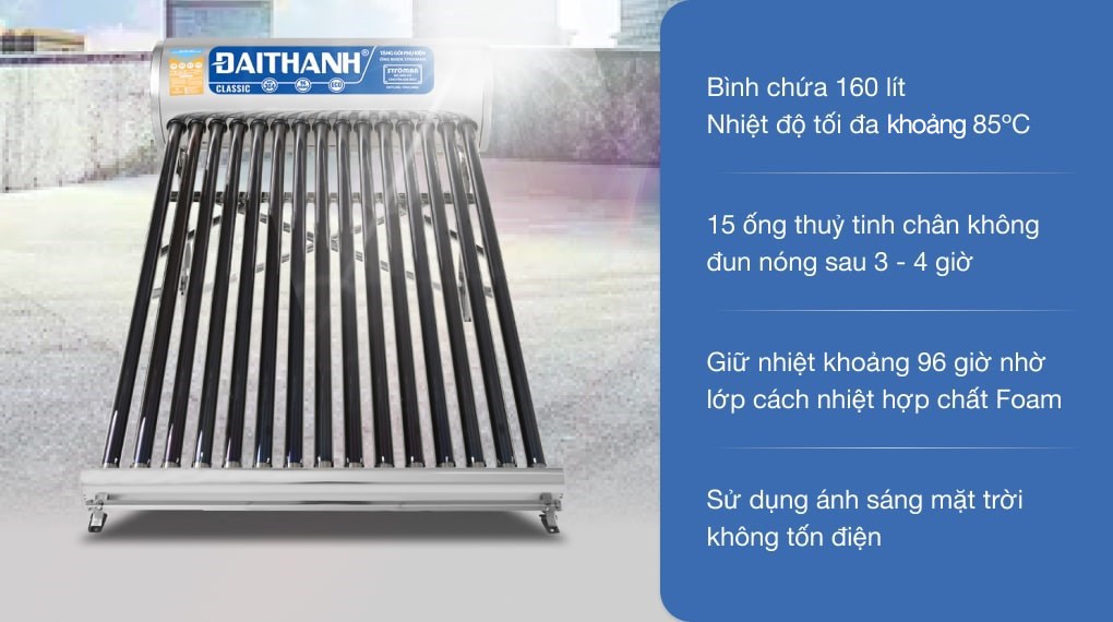 Máy nước nóng năng lượng mặt trời Đại Thành 160 lít Classic 58-15 dạng ống chân không lắp đặt trên mái nhà
