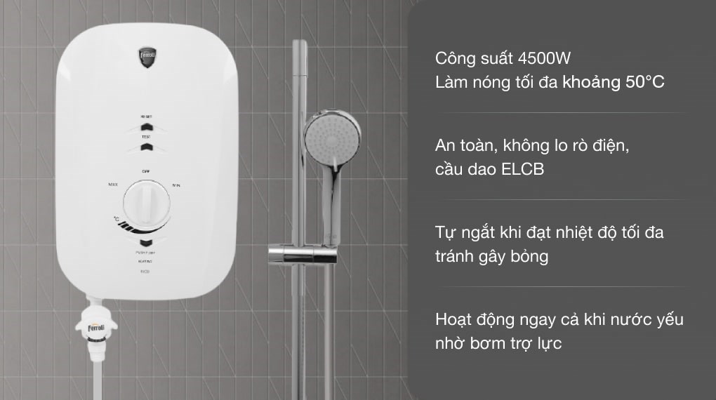 Máy nước nóng trực tiếp Ferroli MIDO-MSP 4.5S tích hợp bơm trợ lực và cầu dao chống giật ELCB