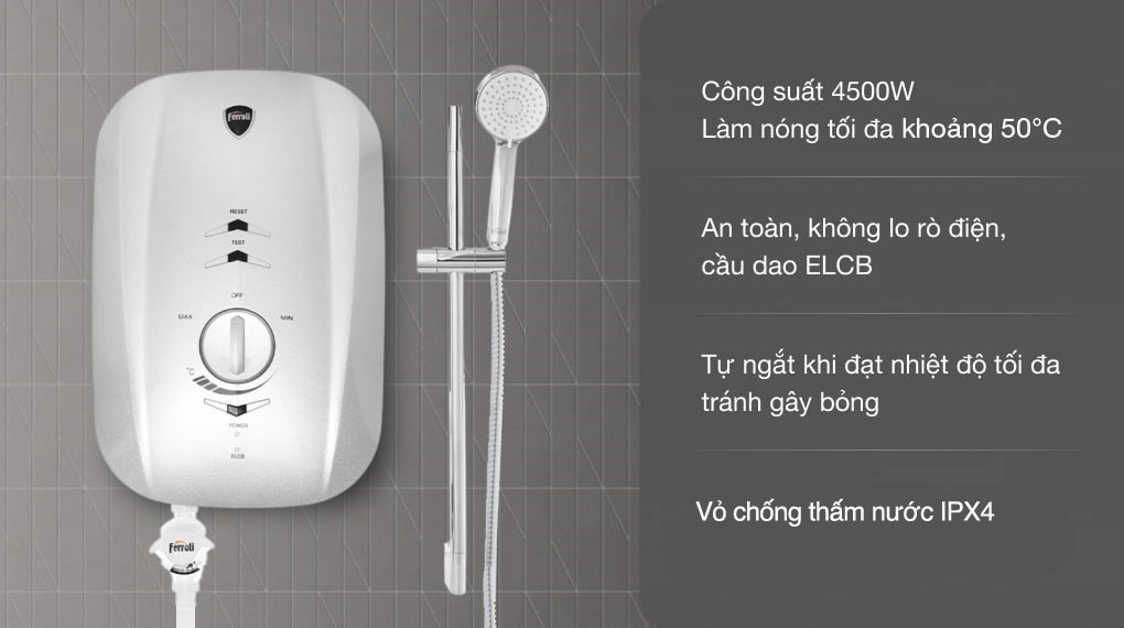 Máy nước nóng trực tiếp Ferroli 4500W MIDO-MSN 4.5S thiết kế siêu mỏng tích hợp bơm trợ lực và cầu dao ELCB