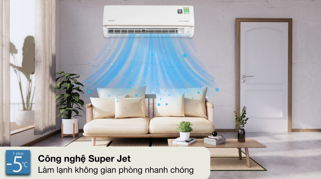 Máy lạnh Sharp Inverter 1 HP AH-X10CEWC với công nghệ làm lạnh nhanh Super Jet giúp giảm nhiệt độ phòng nhanh chóng