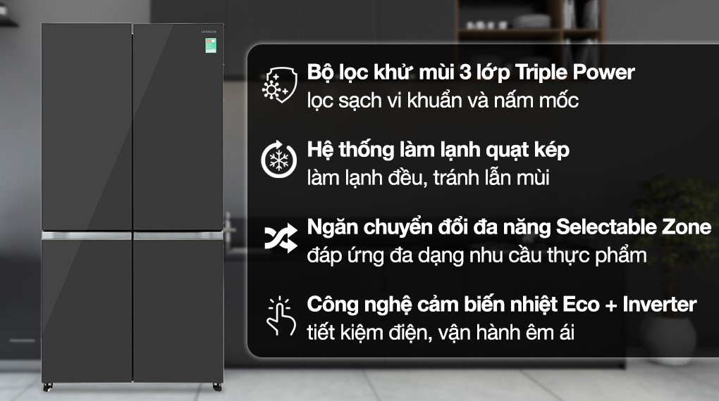 Tủ lạnh Hitachi Multi Door 569 lít R-WB640PGV1 GMG mặt kính đen ngăn chuyển đổi Selectable Zone Tủ lạnh Hitachi Multi Door 569 lít R-WB640PGV1 GMG mặt kính đen ngăn chuyển đổi Selectable Zone