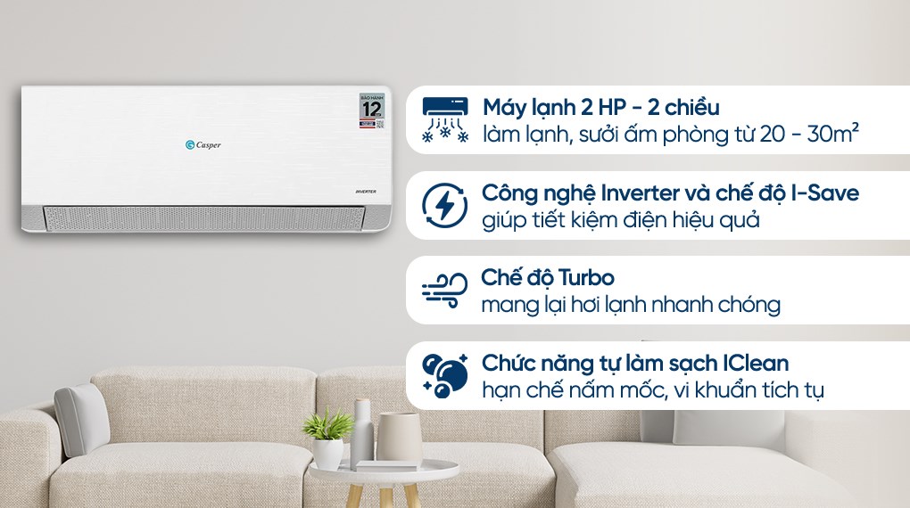 Máy lạnh 2 chiều Casper Inverter 18000 BTU QH-18IU36A 19000 BTU dàn tản nhiệt mạ vàng cho không gian rộng