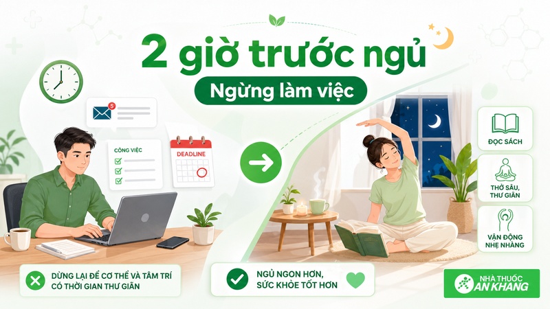 Dừng công việc trước khi ngủ giúp não bộ có thời gian thư giãn, giảm căng thẳng và dễ đi vào giấc ngủ hơn Dừng công việc trước khi ngủ giúp não bộ có thời gian thư giãn, giảm căng thẳng và dễ đi vào giấc ngủ hơn