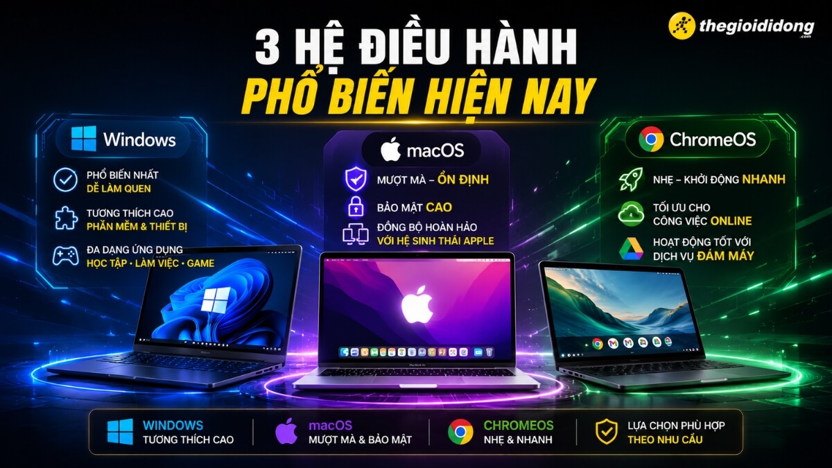 Hình ảnh so sánh ba hệ điều hành máy tính phổ biến hiện nay gồm Windows, macOS và ChromeOS tại thegioididong.com. Windows nổi bật với tính tương thích cao, macOS mang lại sự mượt mà và bảo mật tối ưu, trong khi ChromeOS cực kỳ nhẹ và khởi động nhanh.