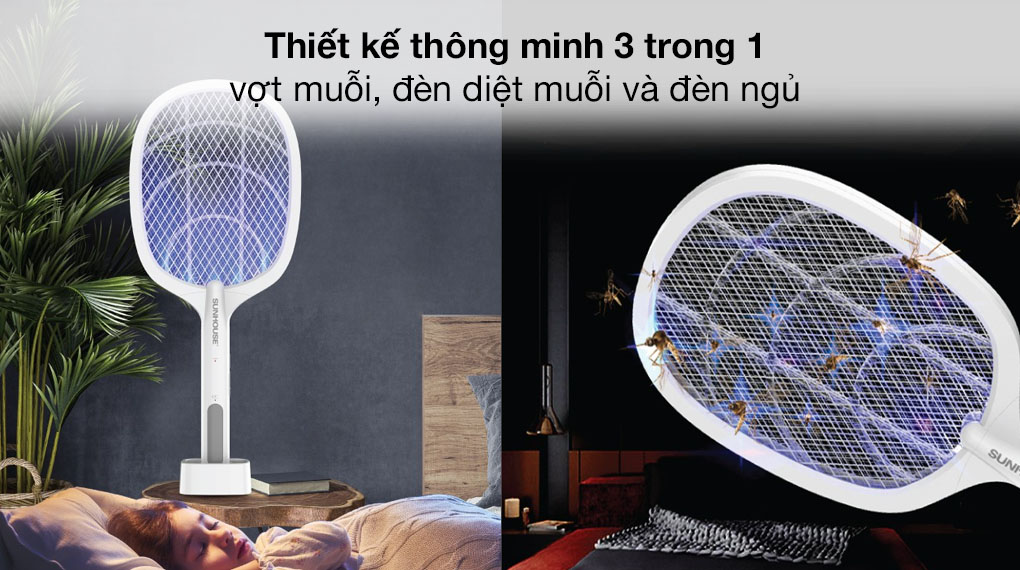 Vợt muỗi Sunhouse SHE-Pro11.W tích hợp 3 chức năng diệt muỗi, đèn ngủ, đèn hút muỗi