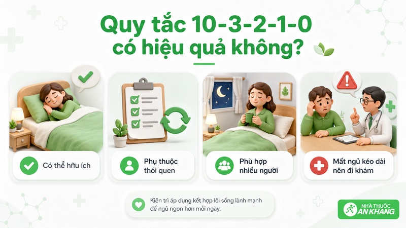 Quy tắc 10-3-2-1-0 có thể hỗ trợ giấc ngủ nếu mất ngủ liên quan đến thói quen sinh hoạt, nhưng không thay thế điều trị y khoa. Quy tắc 10-3-2-1-0 có thể hỗ trợ giấc ngủ nếu mất ngủ liên quan đến thói quen sinh hoạt, nhưng không thay thế điều trị y khoa.