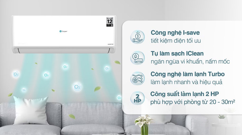 Điều hòa Casper Inverter 2 HP GC-18IS33 18000 BTU làm mát diện rộng cho không gian từ 20 đến 30 mét vuông