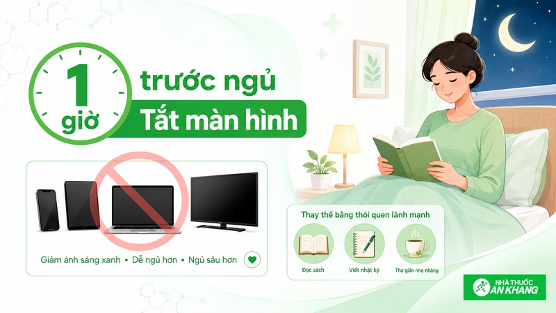 Tắt điện thoại, máy tính và tivi trước khi ngủ giúp hạn chế ánh sáng xanh và giảm kích thích não bộ vào ban đêm. Tắt điện thoại, máy tính và tivi trước khi ngủ giúp hạn chế ánh sáng xanh và giảm kích thích não bộ vào ban đêm.