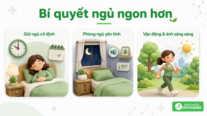 Duy trì giờ ngủ cố định, tạo phòng ngủ thoải mái, vận động ban ngày và tiếp xúc ánh sáng sáng sớm giúp ngủ ngon hơn Duy trì giờ ngủ cố định, tạo phòng ngủ thoải mái, vận động ban ngày và tiếp xúc ánh sáng sáng sớm giúp ngủ ngon hơn