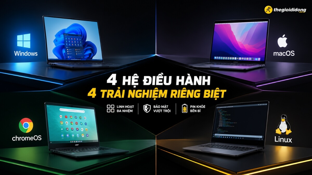 Hình ảnh minh họa 4 hệ điều hành máy tính phổ biến gồm Windows, macOS, ChromeOS và Linux. Mỗi hệ điều hành được hiển thị trên một chiếc laptop riêng biệt với logo và tông màu chủ đạo đặc trưng (xanh dương cho Windows, tím cho macOS, xanh lá cho ChromeOS và vàng cho Linux). Dòng chữ lớn ở trung tâm ghi '4 HỆ ĐIỀU HÀNH 4 TRẢI NGHIỆM RIÊNG BIỆT', bên dưới là các biểu tượng và chú thích về tính năng như 'Linh hoạt đa nhiệm', 'Bảo mật vượt trội' và 'Pin khỏe bền bỉ'. Logo Thegioididong.com xuất hiện ở góc trên bên phải.