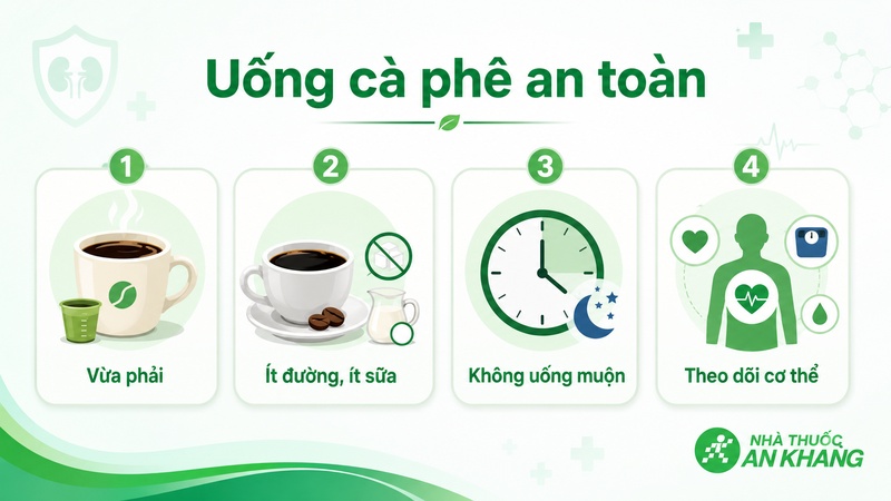 Người bệnh thận nên uống cà phê lượng vừa phải, ưu tiên cà phê đen ít đường và theo dõi phản ứng cơ thể