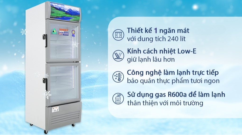 Tủ mát Sanaky 240 lít VH-308WL 2 cánh dung tích lớn hỗ trợ trưng bày hàng hóa chuyên nghiệp