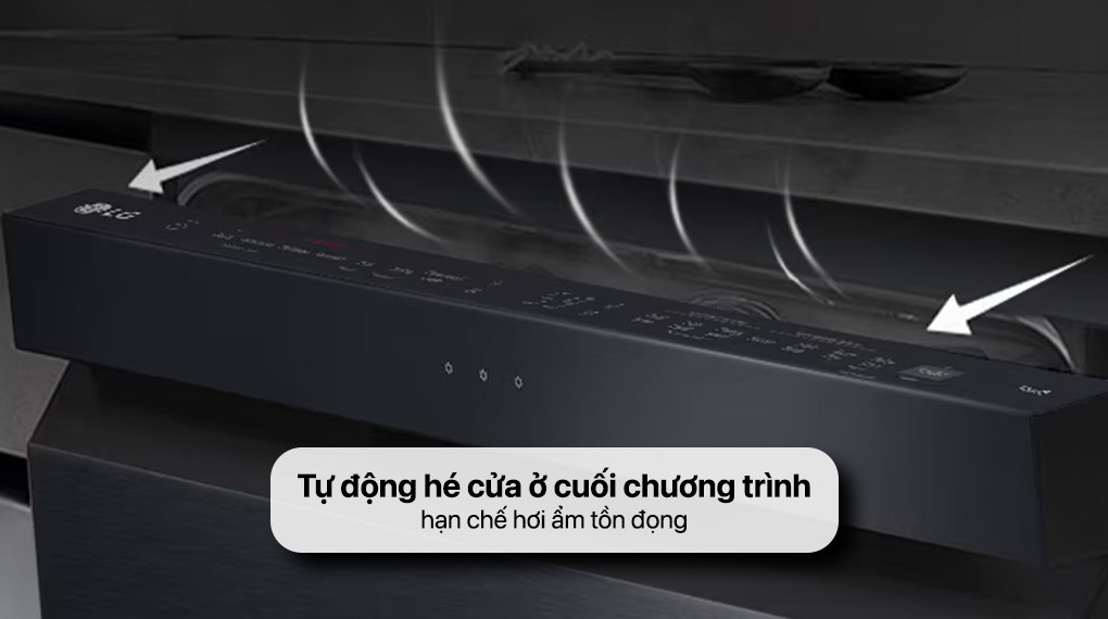Tính năng sấy hé cửa tự động trên máy rửa bát LG giúp chén đĩa khô tự nhiên và sạch mùi