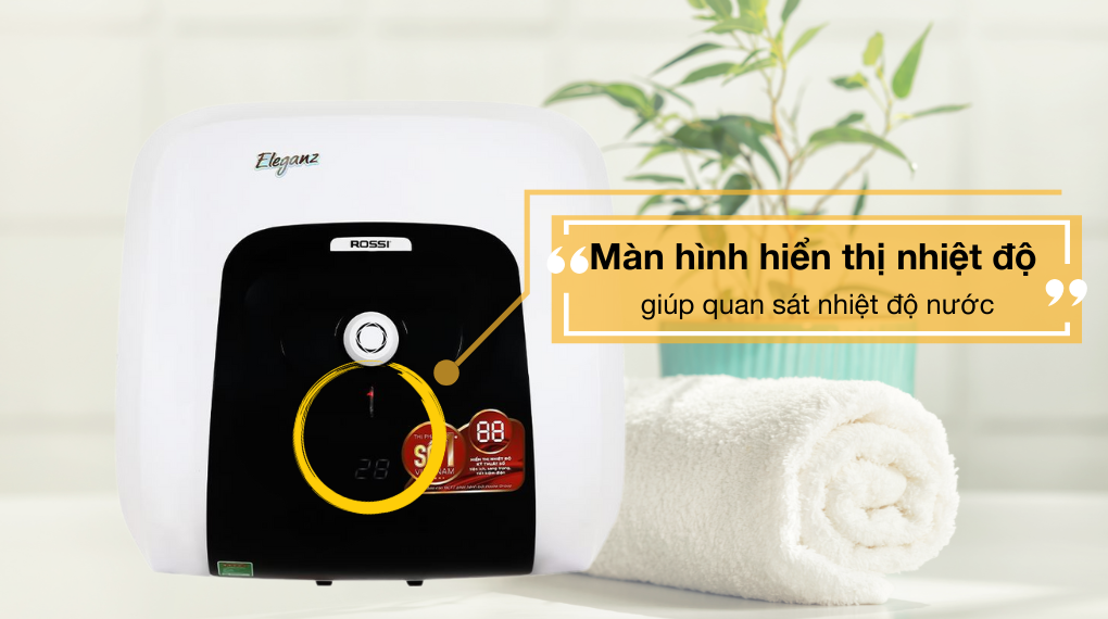 Thiết kế máy nước nóng Rossi hiện đại tích hợp màn hình LED hiển thị nhiệt độ thông minh