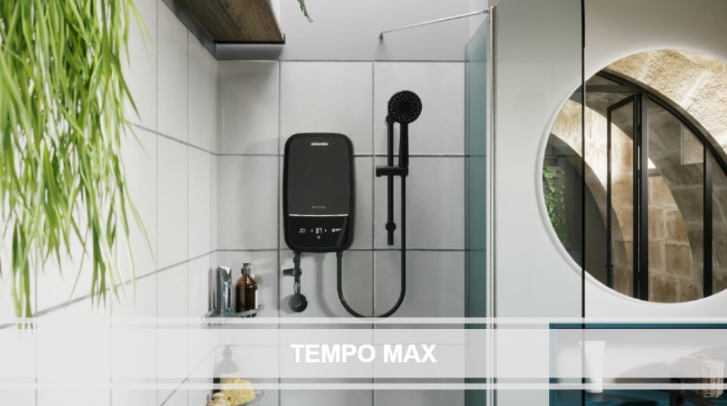 Máy nước nóng trực tiếp Atlantic 5000W Tempo Max 5000 PU - 811030 thiết kế mỏng gọn tích hợp cầu dao chống giật RCD an toàn