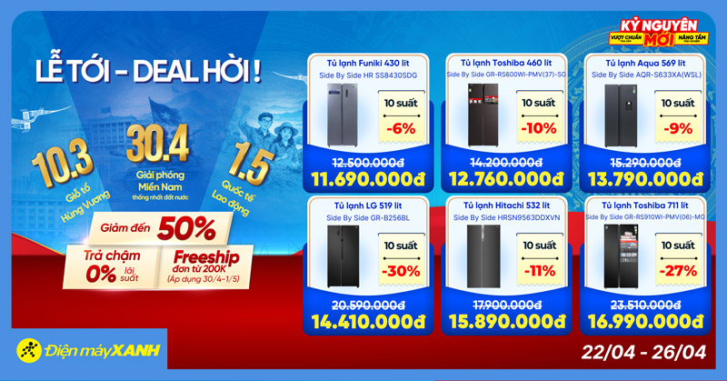 Lễ tới - deal hời: Giảm sốc điện m&aacute;y, gia dụng. Tham gia v&ograve;ng quay Lạc Hồng săn ngay suất mua 0đ tại Điện m&aacute;y XANH!