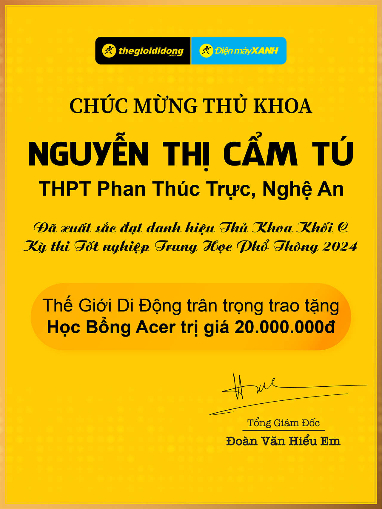 Thế Giới Di Động xin chúc em Nguyễn Thị Cẩm Tú luôn gặt hái được những thành công trên con đường phía trước