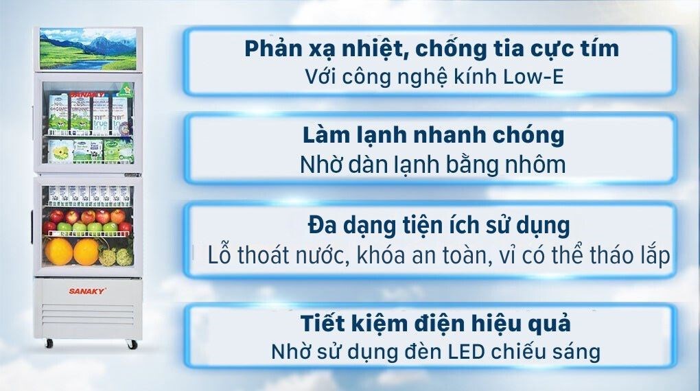 Tủ mát Sanaky 340 lít TM.VH408WL công nghệ kính Low-E chống đọng sương phản xạ nhiệt