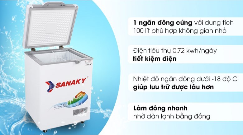 Tủ đông mini Sanaky 100 lít VH-1599HYK dàn lạnh đồng tích hợp 3 chế độ nhiệt linh hoạt