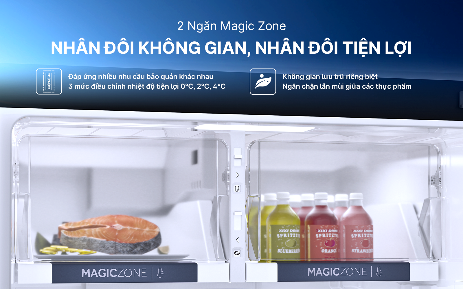 Ngăn Magic Zone trên tủ lạnh Haier cho phép tùy chỉnh nhiệt độ linh hoạt đáp ứng nhiều mục đích lưu trữ