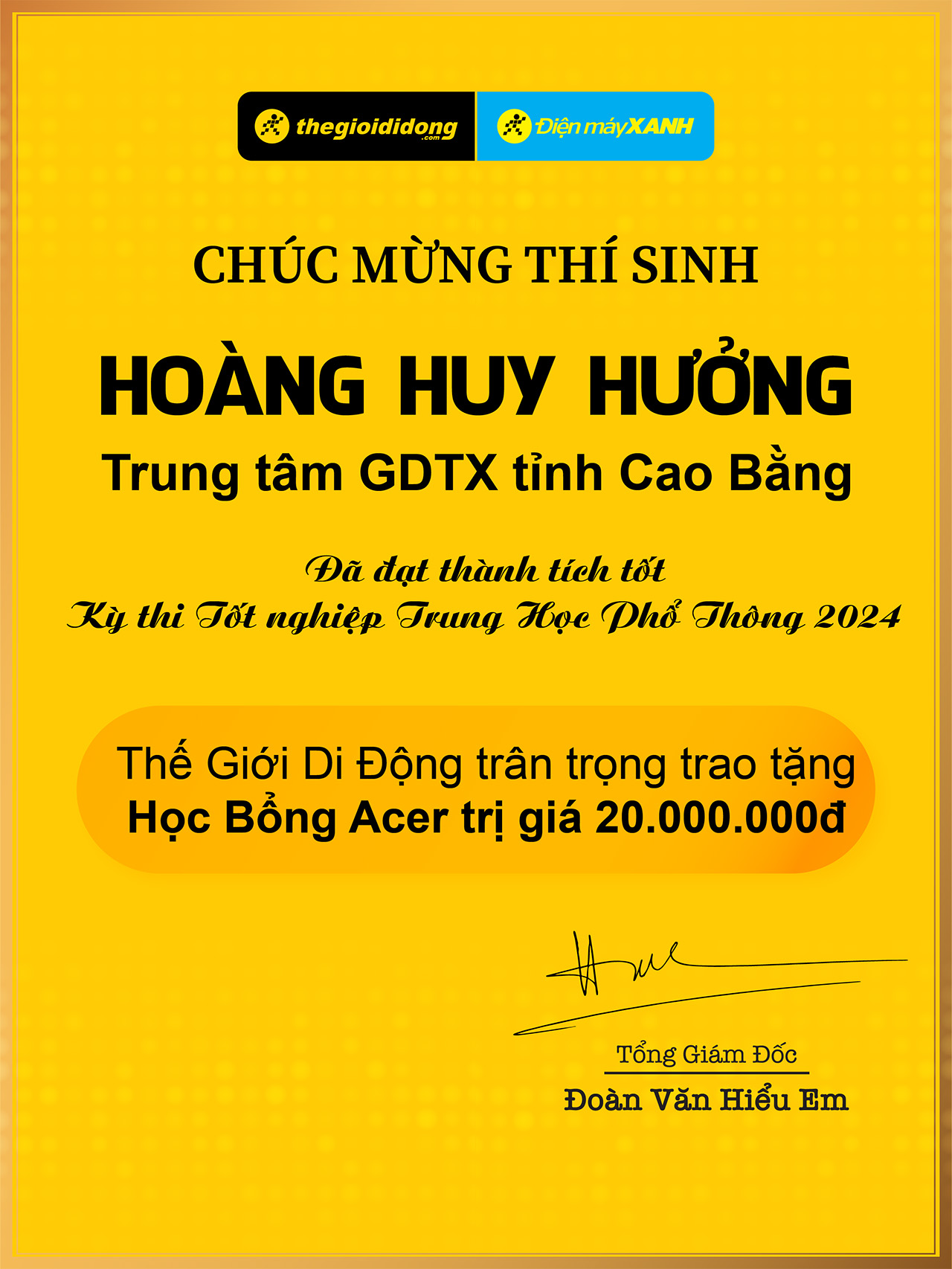 Một lần nữa, Thế Giới Di Động xin chúc em Hoàng Huy Hưởng luôn vượt qua chính mình và gặt hái được nhiều thành công 