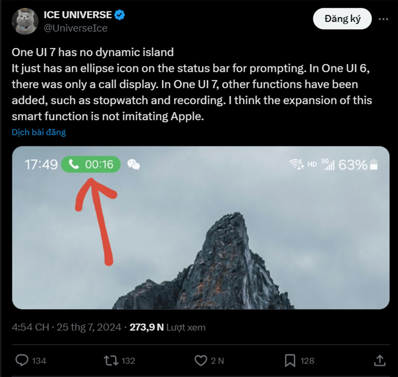 Ice Universe cho rằng One UI 7 sẽ không có tính năng Dynamic Island