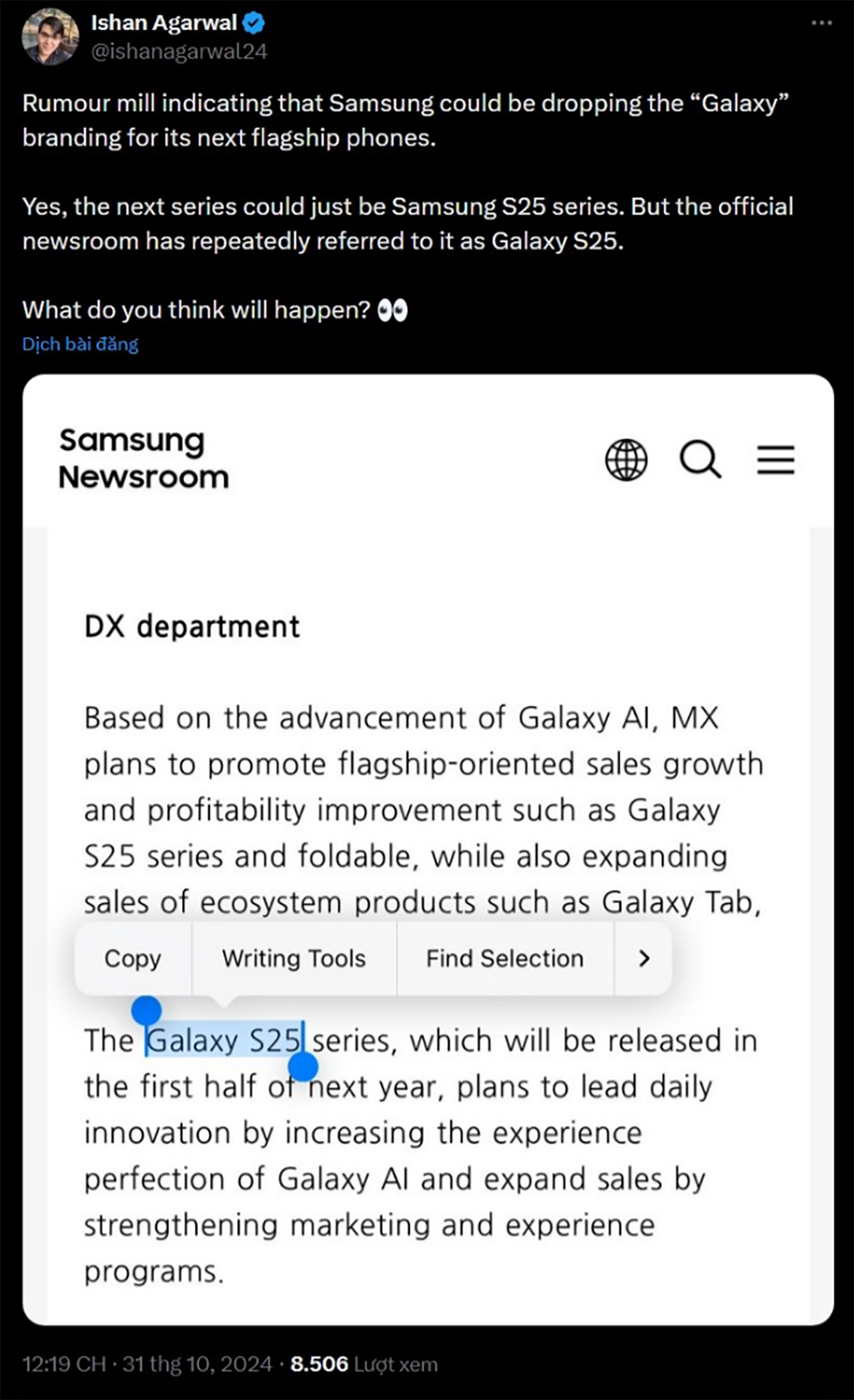 Bài đăng của leaker Ishan Agarwal cho rằng Samsung sẽ từ bỏ tên thương hiệu Galaxy