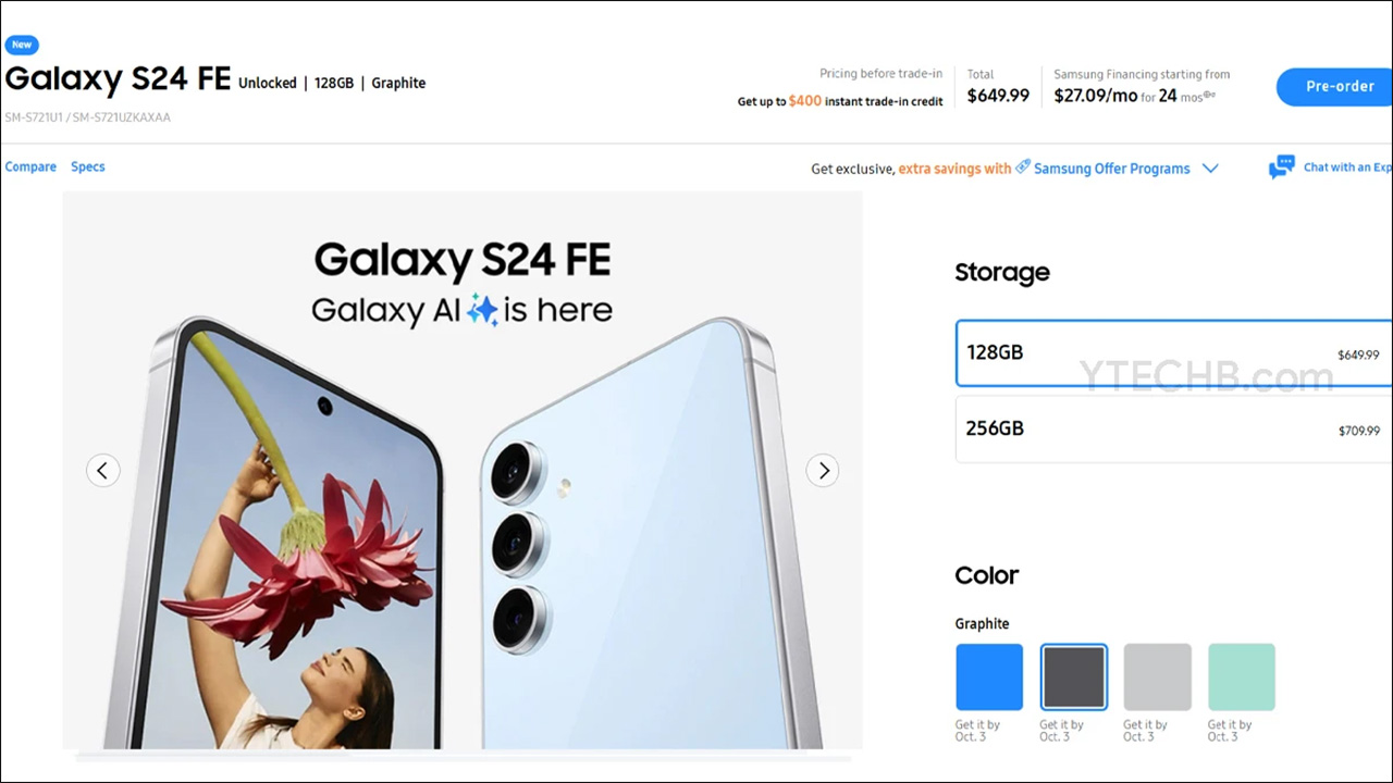 Giá bán của Galaxy S24 FE bị rò rỉ trên trang web Samsung