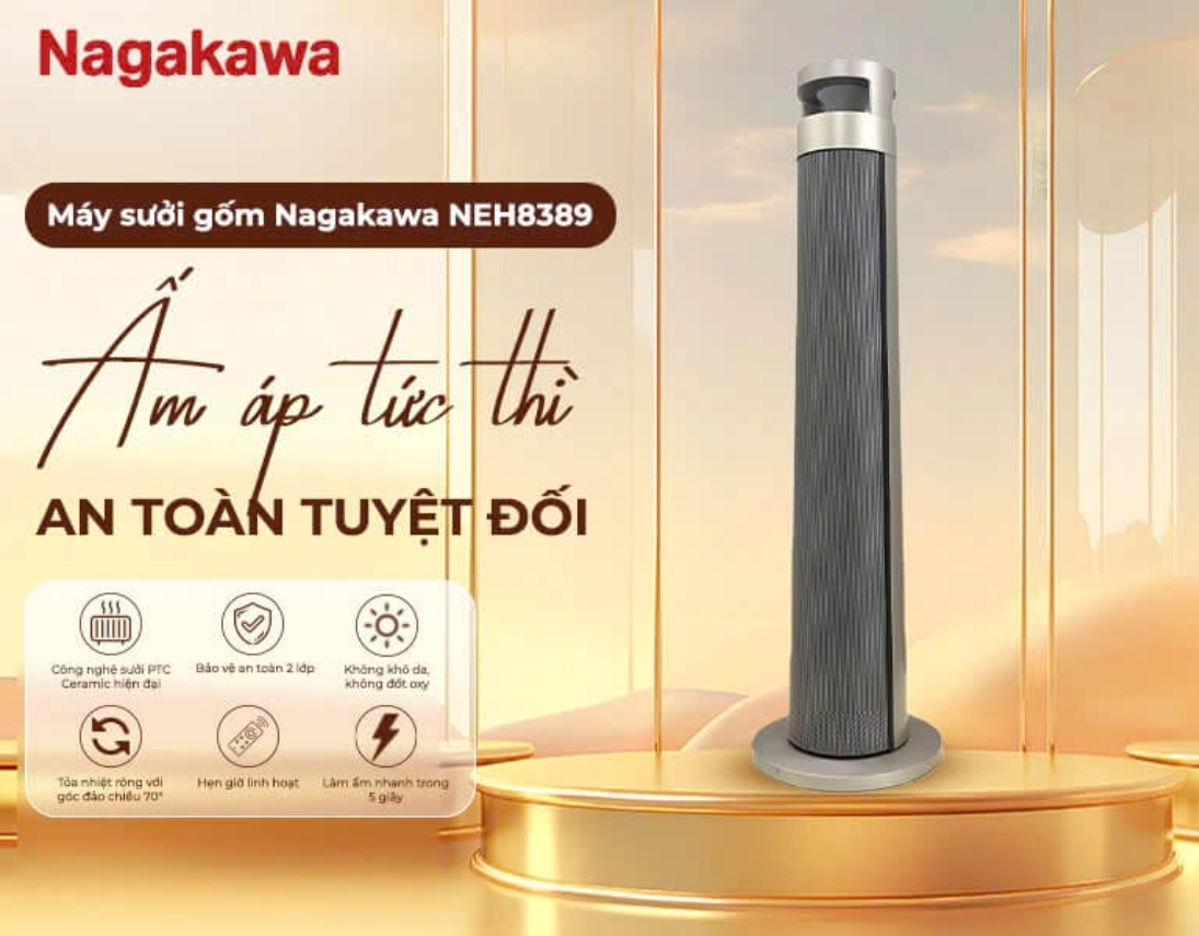 Quạt sưởi Nagakawa có mẫu mã đa dạng, trang bị đầy đủ tính năng an toàn cơ bản