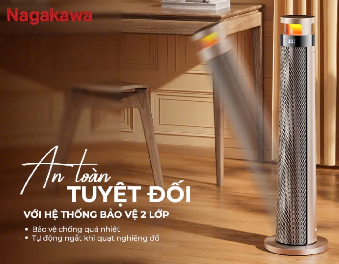 Tính năng tự ngắt khi đổ ngã được trang bị trên hầu hết các dòng sản phẩm quạt sưởi Nagakawa