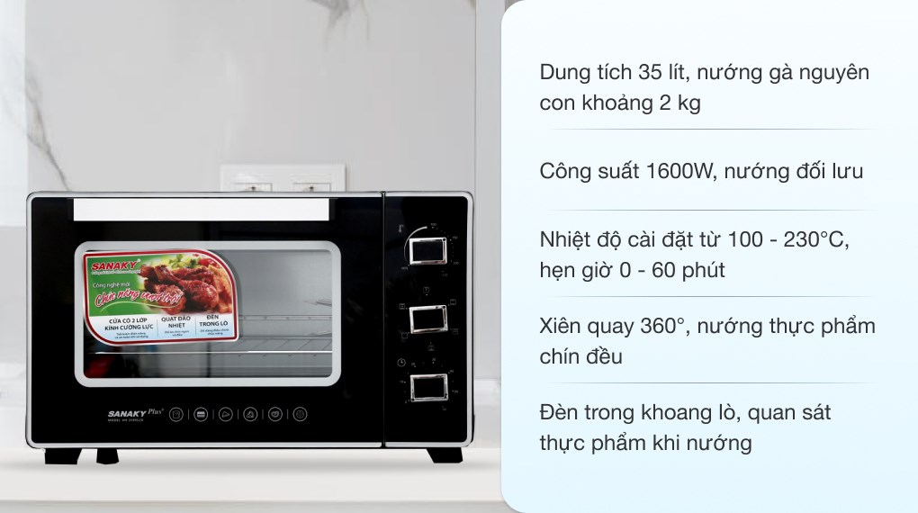 Lò nướng Sanaky VH3599S2D với xiên quay và quạt đối lưu, thiết kế sang trọng