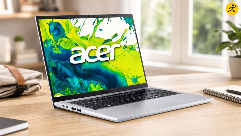 Laptop Acer Aspire Go 14 AG14-72P-54DF màu bạc mở góc nghiêng đặt trên bàn cạnh túi xách gợi tính di động Laptop Acer Aspire Go 14 AG14-72P-54DF màu bạc mở góc nghiêng đặt trên bàn cạnh túi xách gợi tính di động
