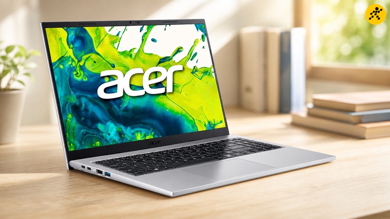 Laptop Acer Aspire Go 15 AG15-72P-500W màu bạc mở góc nghiêng đặt trên bàn học ánh sáng tự nhiên Laptop Acer Aspire Go 15 AG15-72P-500W màu bạc mở góc nghiêng đặt trên bàn học ánh sáng tự nhiên