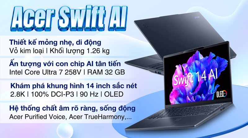 Laptop Acer Swift AI SF14 51 75VP có pin 65Wh trong thân kim loại 1.26kg, hợp người di chuyển liên tục Laptop Acer Swift AI SF14 51 75VP