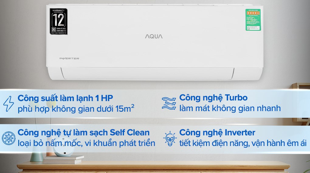 Máy lạnh AQUA Inverter 1 HP AQA-RV10QA2 công nghệ tự làm sạch AQUA Fresh và tiết kiệm điện PID Inverter