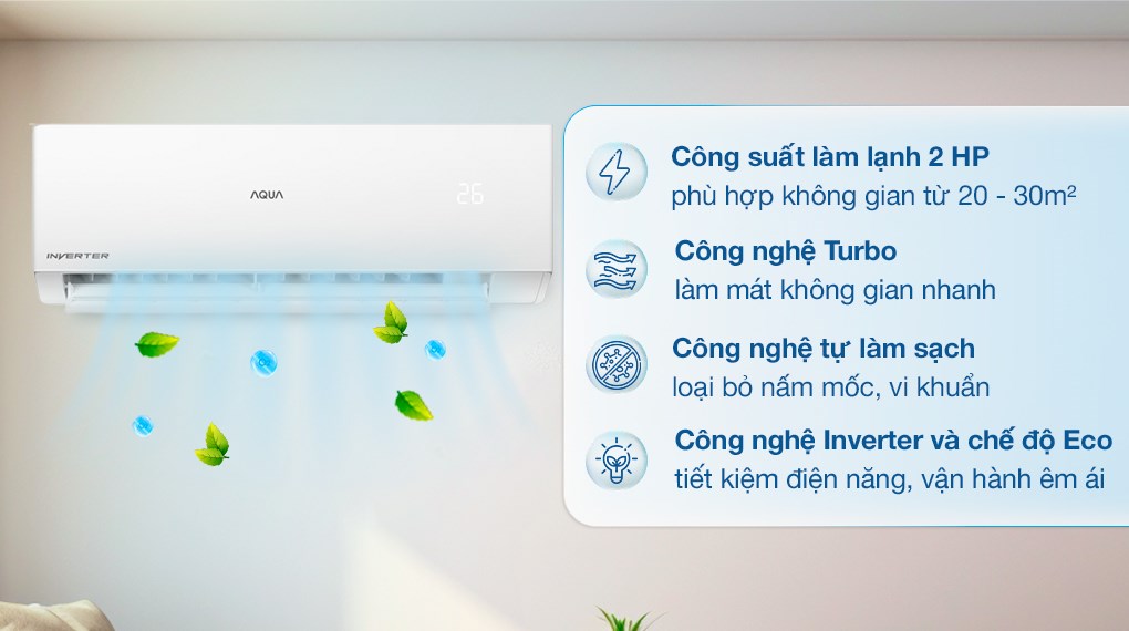 Máy lạnh Aqua Inverter 2 HP 18.000 BTU làm lạnh nhanh cho không gian 20-30m2