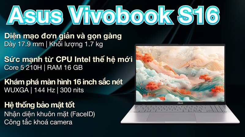 Laptop Asus Vivobook S16 S3607VA - RP155WS có pin 70Wh cho ngày dài không mang sạc, màn 16 inch 144Hz vẫn mượt khi lướt và xem phim Laptop Asus Vivobook S16 S3607VA - RP155WS