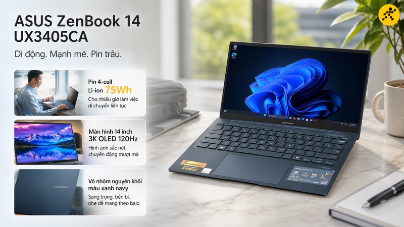 Laptop Asus ZenBook 14 UX3405CA - ST628W có pin 75Wh trong thân nhôm nhẹ, hợp người chạy ngoài văn phòng nhiều giờ liền Laptop Asus ZenBook 14 UX3405CA - ST628W