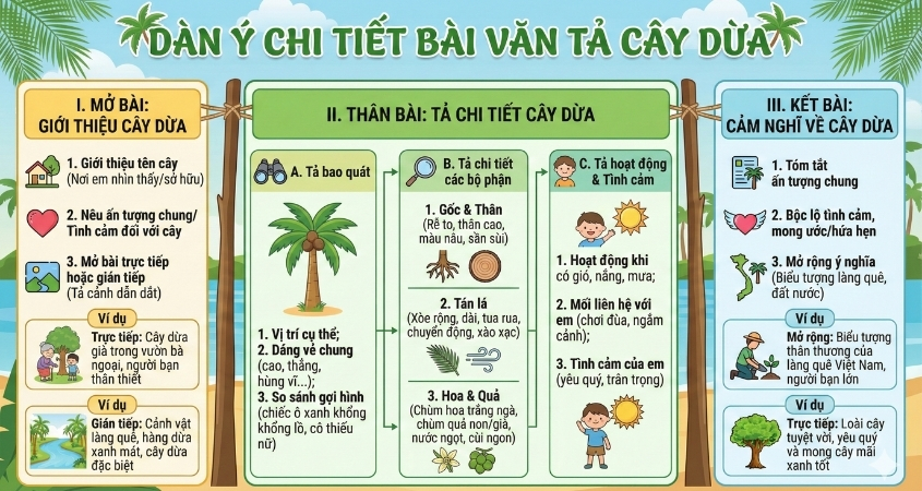 Dàn ý chi tiết bài văn tả cây dừa lớp 4 Dàn ý chi tiết bài văn tả cây dừa lớp 4