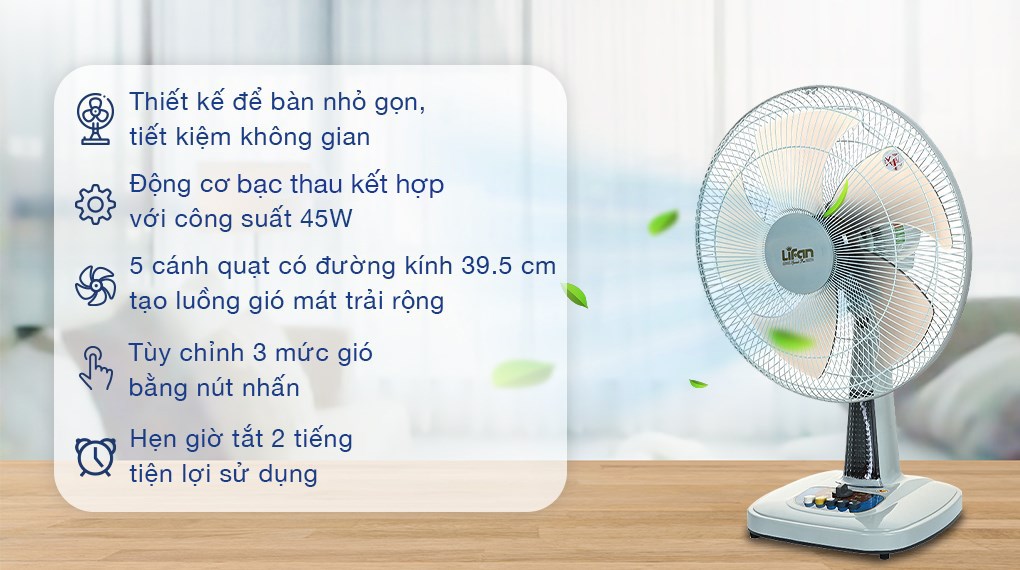 Quạt bàn Lifan B-398 thiết kế nhỏ gọn, 5 cánh, có đèn ngủ, phù hợp phòng cá nhân