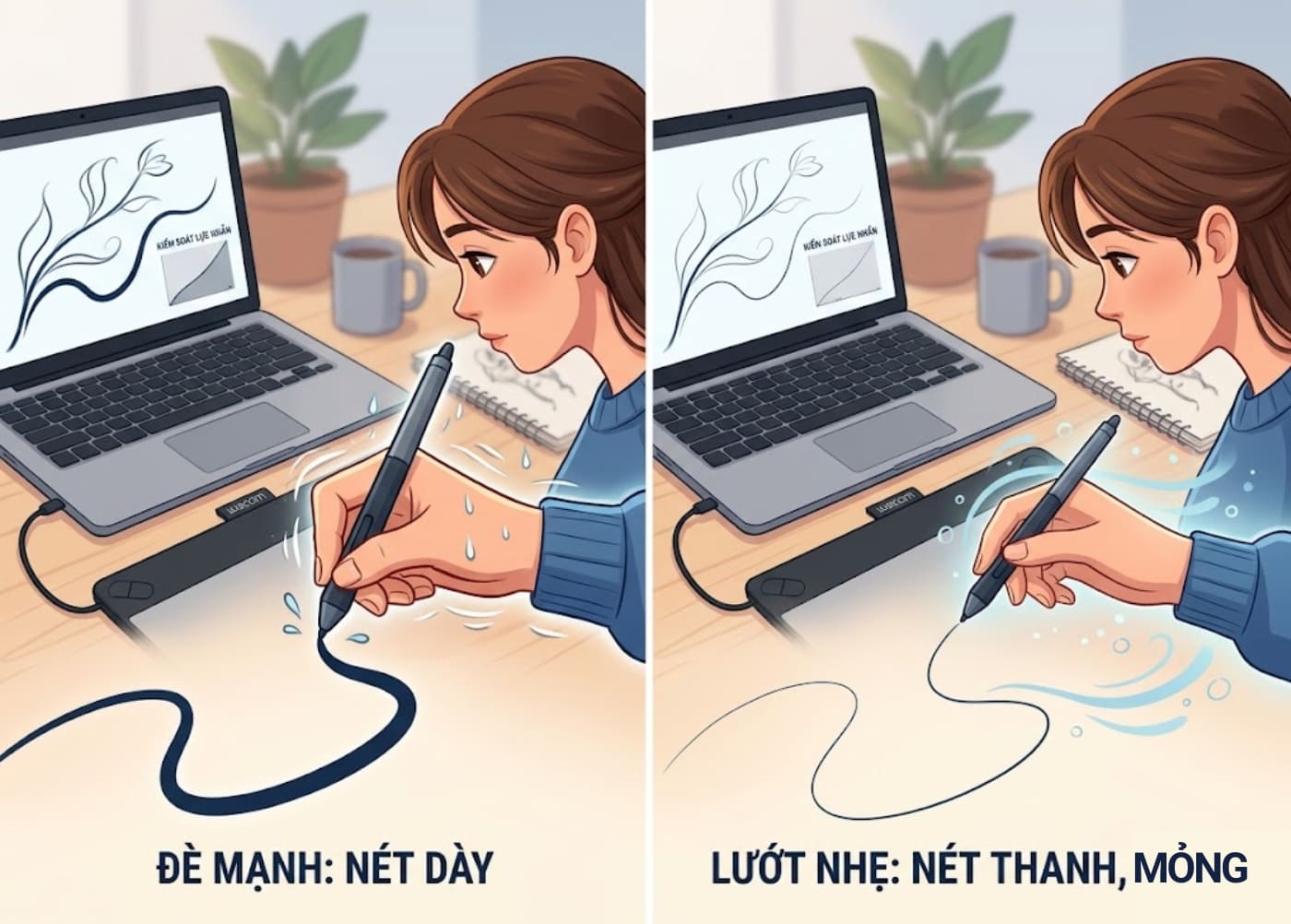 Kiểm soát lực tay giúp bạn vẽ nét dày và nét mảnh trên bảng vẽ điện tử