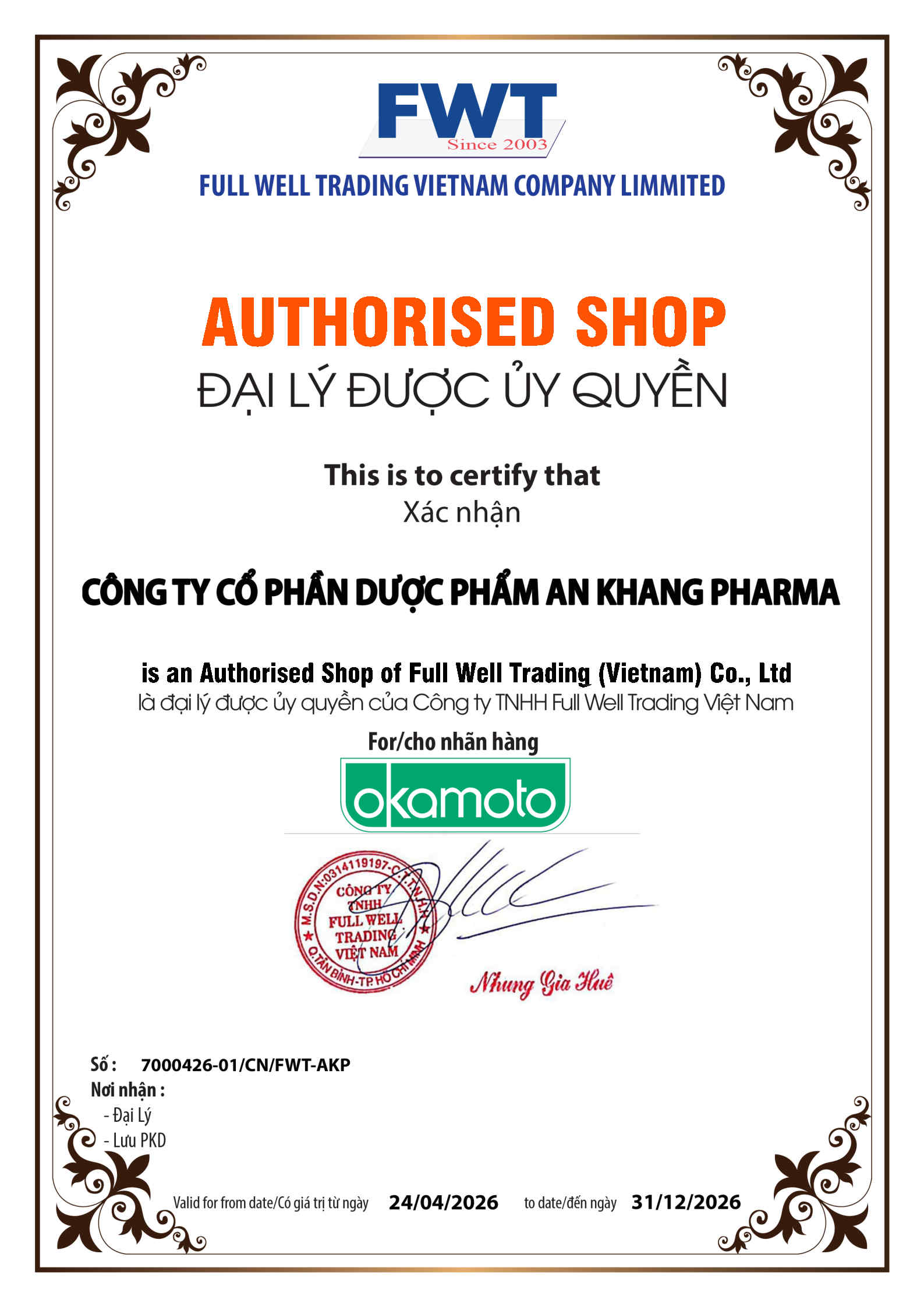 à thuốc An Khang là đối tác phân phối chính thức sản phẩm Okamoto tại Việt Nam, được chứng nhận bởi Full Well Trading Việt Nam à thuốc An Khang là đối tác phân phối chính thức sản phẩm Okamoto tại Việt Nam, được chứng nhận bởi Full Well Trading Việt Nam