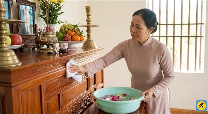 Người lau dọn bàn thờ phải tắm gội sạch sẽ, giữ cho thân thể thanh tịnh trước khi tiến hành nghi lễ