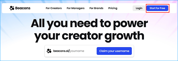 Giao diện trang chủ của Beacons.ai, nhấn vào Start for Free để bắt đầu quá trình đăng ký