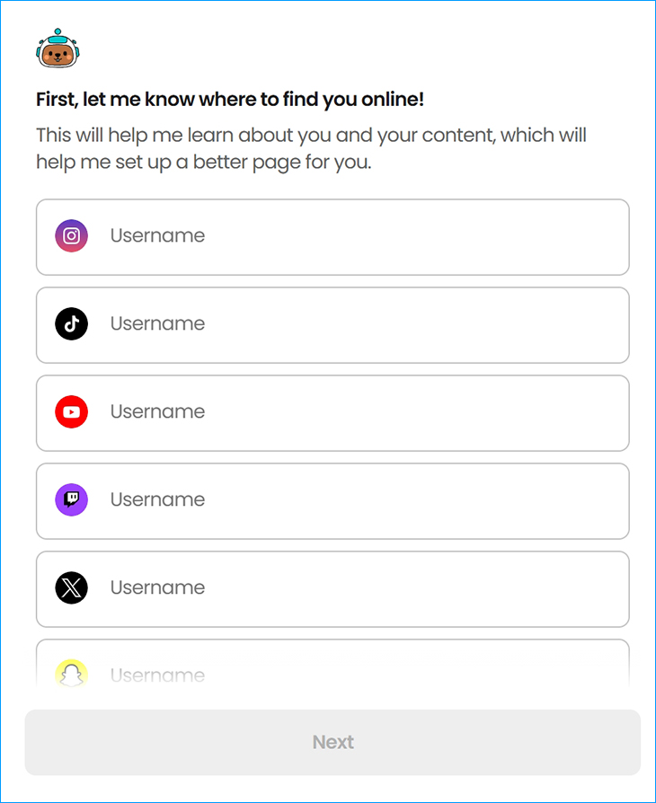 Nhập username mạng xã hội, trợ lý AI Beam sẽ tự động tạo trang link in bio cho bạn