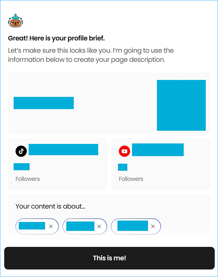 AI phân tích hồ sơ từ tài khoản bạn nhập, nhấn This is me! để xác nhận thông tin