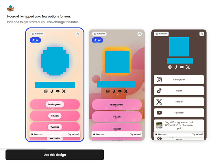 AI gợi ý các template thiết kế sẵn, chọn mẫu ưng ý và nhấn “Use this design” để áp dụng