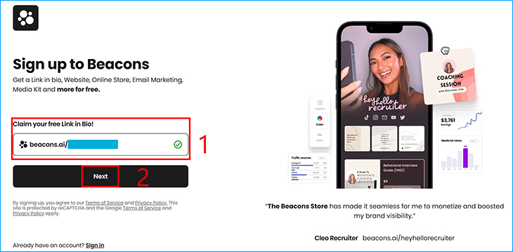 Điền tên người dùng (username) bạn muốn sử dụng cho đường link bio của mình và nhấn Next