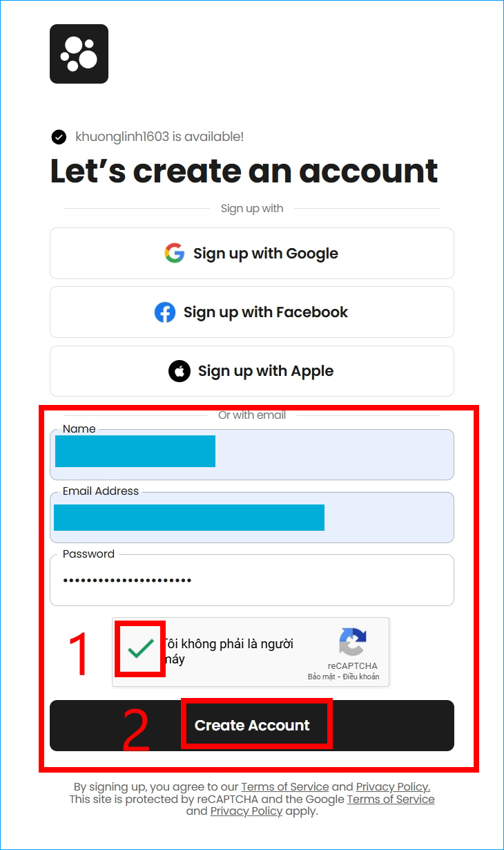 Trang tạo tài khoản, bạn có thể chọn đăng ký nhanh bằng Google, Facebook, Apple hoặc điền thông tin email thủ công