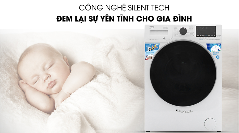 Silent Tech của Beko giúp máy giặt vận hành êm ái, giảm tiếng ồn tối đa cho không gian sống